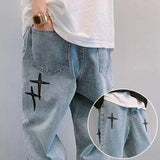 Riolio  Men's Trendy Cool Style Blue Denim Pants Baggy Wide Leg Streetwear Trousers Cross Star Sticker Embroidery Design Jeans Male