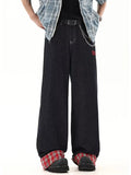 Riolio Men's Fashion Plaid Splicing Jeans Embroidery Design Baggy Straight Denim Pants Korean Vintage High Street Hip Hop Male Trousers