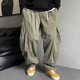 Riolio  Men Drawstring Loose Curved Wide Leg Casual Cargo Pants
