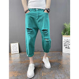 Riolio Korean Ankle-Length Distressed Jeans Men White Breathable Slim Fit Ripped Denim Pants Four Season Narrow Leg Harem Male Trousers