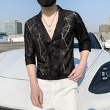 Riolio  Casual Men's Summer New Patchwork Square Collar Button Printing Slim Hollow Out Comfortable Three Quarter Shirts