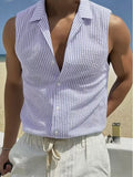 Riolio  Summer New Striped Sleeveless Shirt Men's Slim Breathable Collared Tank Top Lightweight Seersucker Textured Casual Open Vest