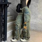 Riolio  Men and women high street hip-hop personality straight tube washed workwear jeans for couples loose retro casual pants y2k