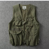 Riolio Loose Camouflage Workwear Vest Multi-ket Outdoor Fiing Jaet Youth Stand Fit V-Ne Single Button Closure Workwear