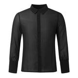 Riolio Men's Clothing Mesh See Through Mesh Sexy Long Sleeve Shirt Solid Color Button-down Vintage Streetwear Retro Party Tops S-XL