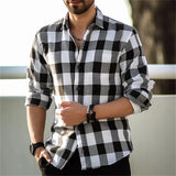 Riolio New Polo Collar 3D Printed Casual Slim Fit Long Sleeve Checkered Digital Printed Shirt Men's Shirt Comfortable Fabric