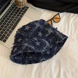 Riolio  Man Vintage Denim Bucket Hat with Star Embroidery Wide Brim Sun Casual Summer Cap for Women Machine Washable