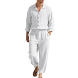 Riolio  American Four Seasons Linen Men's Casual Loose Beach Sunscreen Long Sleeve Shirt Pants Set