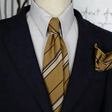 Riolio  2PCS Neck Tie Set Men Luxury Soft Cotton Neckties Brown Striped Pocket Square British Style Gentleman Tuxedo Shirt Accessories