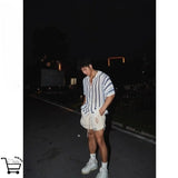 Riolio Men and women American high street hip-hop striped lapel short sleeved couple retro summer knitted Harajuku short sleeved top