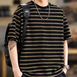 Riolio  New Striped Summer Loose American Trendy T Shirt Round Neck Casual Short Sleeve Top for Men