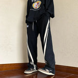 Riolio  Mens Y2K Tracksuits Denim Drawstring Casual Pants Street Straight Pants Unisex Fashion Stitching Contrast Jeans Hip-Hop Trousers