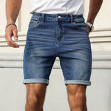 Riolio  Men's slim-fit blue denim shorts with cuffed hem, blending casual and trendy styles into a versatile and fashionable piece