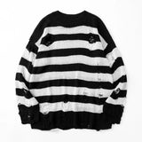 Riolio Autumn Winter Couple Stripe Sweaters Destroyed Ripped Sweater Men Pullover Hole Knitwear Women Oversized Fashion Harajuku Tops