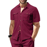 Riolio  Summer European and American cross-border men's waffle short-sleeved casual solid color lapel button-up pocket versatile shirt