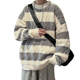 Riolio  Autumn and Winter Trendy Korean Striped Round Neck Sweater for Couples Loose and Lazy Style Casual Knitted Harajuku Top y2k