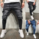 Riolio Jeans Men Pants Wash Solid Color Multi Pockets Denim Mid Waist Cargo Jeans Plus Size Fahsion Casual Trousers Male Daily Wear