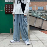 Riolio  Baggy Jeans Men's Oversize Streetwear Fashion Wide Leg Cargo Pants Hip Hop Harajuku Multi-Pocket Denim Trousers Black Blue