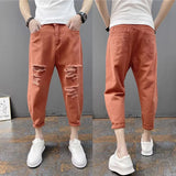 Riolio Korean Ankle-Length Distressed Jeans Men White Breathable Slim Fit Ripped Denim Pants Four Season Narrow Leg Harem Male Trousers