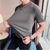 Riolio Summer Knitted Elasticity T Shirt Men Half High Collar Short Sleeve Casual Slim Fit Sweater Tops Tees Social Club T-Shirt