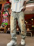 Riolio  American-Style Streetwear Washed Vintage Ripped Jeans for Men, Spring and Autumn Straight Loose Fit, European and American High Street Vibe Style Long Pants