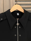 Riolio  American Style High Street Niche Metal Shirt Male Loose Lapel Collar Zipper Solid Color Casual Short Sleeved All-match Shirt