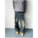 Riolio  Mens Jeans 2025 Autumn Fashion Loose Blue Washed Denim Pants with Knee Wrinkles Back Pocket Patchwork Design Denim trousers