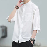 Riolio  Men's Vintage Casual Handsome Black White Cotton Linen Shirts Summer Trend Stand Collar Loose 3/4 Sleeve Tops Camisas De Hombre