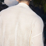 Riolio  Vacation Seaside Beach Breathable T Shirts Mens Knitting Hollow Out Mesh Pullovers Men Stylish Turn-down Collar Crochet T-shirt