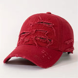 Riolio  Unisex Back Text Embroidery Street Distressed Hole Multi-Layer Fabric Baseball Cap Adjustable Size Solid Color Couples Friends