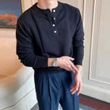 Riolio  Autumn Men Knitted Henry Sweaters Long Sleeve Solid Color Button-down Luxury Pullovers Korean Style Premium Basic Knitwear M-3XL