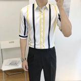 Riolio  Men's Fashion Striped Slim Fit Lightweight Shirt Three Quarter Sleeve Summer New Trendy Design Versatile Casual Wear
