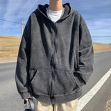 Riolio Trendy Vintage Hooded Cardigan Sweatshirt For Men Loose Fit Style Spring Autumn Season Ins Vintage Washing Couple Student Jacket