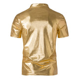 Riolio Men Gold Shiny Henry Neck T Shirt Fashion Short Sleeve Coated Metallic Nightclub Disco Party T-shirt Hip Hop Homme Costume