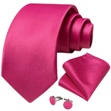 Riolio New Hot Pink Solid Silk Ties for Men Pocket Square Cufflinks Gift Wedding Party Accessories 8cm Necktie Set Wholesale