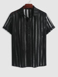 Riolio Striped Mesh Hollow Out Shirts for Men See-through Short Sleeves Openwork Shirt Summer Streetwear Black Tops Z5094847