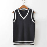 Riolio  Striped White Knitted Sweaters for Men Blue Sleeveless Man Clothes V Neck Vest Red Waistcoat Jumpers Sweat-shirt Cigaret Cotton