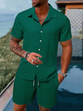 Riolio Spring And Summer New Sports Men's Polo Casual Solid Color Loose Short-sleeved Drawstring Shorts Cardigan Striped Sports Suit