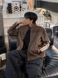 Riolio Retro Leather Jacket Men Women  American Patchwork Strip Racing Outerwear Loose Hip Hop Zippers Brown PU Coat Streetwear Spring