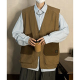 Riolio Loose Fit Japanese Workwear Vest Men's Spring Vintage Large ket Casual Svel V-Ne Jaet Youth Faion