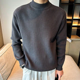 Riolio  New Korean Retro Men Basic Sweaters Luxury Knit Solid Color Mock Neck Long Sleeve Pullover Casual Textured High Quality Knitwear