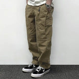 Riolio  Autumn Men's Pants Multi-Pocket Cargo Pants Retro Solid Color Simple Loose Button Elastic Strap Casual Pants