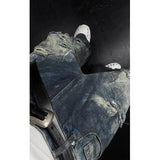 Riolio Mens Loose Fit Straight Leg Jeans Dark Blue Ripped Distressed Trendy Streetwear Fashion Casual Urban Denim Pants Hip Hop Style