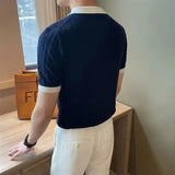 Riolio Men's Knit Short Sleeve Polo Shirt Casual Soft Supple High-end Feel Round Neck Loose-fit Top Japanese Style Solid Color