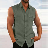 Riolio Leisure Men's Cotton Linen Tank Tops Spring Summer Casual Solid Color Buttoned Lapel Sleeveless Vest Shirt Fashion Camisole