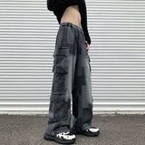 Riolio Vintage Patchwork Plaid Cargo Jeans Men Women Baggy Denim Trousers Streetwear Hip Hop Multi-Pockets Safari Style Casual