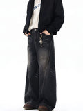 Riolio  Vintage Black Washed Baggy Jeans Pants Men Wide leg Curved Blade Pants Streetwear Cowboy Casual Denim Straight Trousers