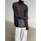 Riolio Sexy Perspective High-neck Long Sleeve T Shirt Men Women Net Yarn Bottoming Shirt Spring Summer Transparent Black Tee Shirts