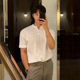 Riolio New Fashion Korean Style Men T-shirt Light Luxury Knitted Henry Collar Tops Casual Solid Color Short Sleeve Breathable Knitwear