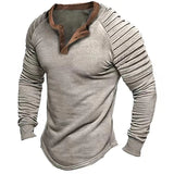 Riolio  Spring Autumn Vintage Henry Collar Mens T-shirts Casual Button Pleated Long Sleeve Tee Men Leisure Solid Loose Pullover Tops